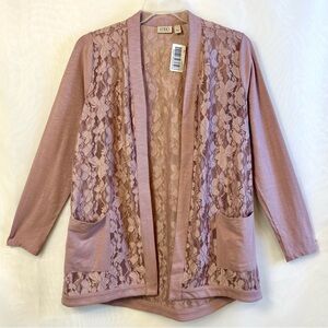 NWT LOGO by Lori Goldstein lace and knit open-front cardigan / Mauve / medium